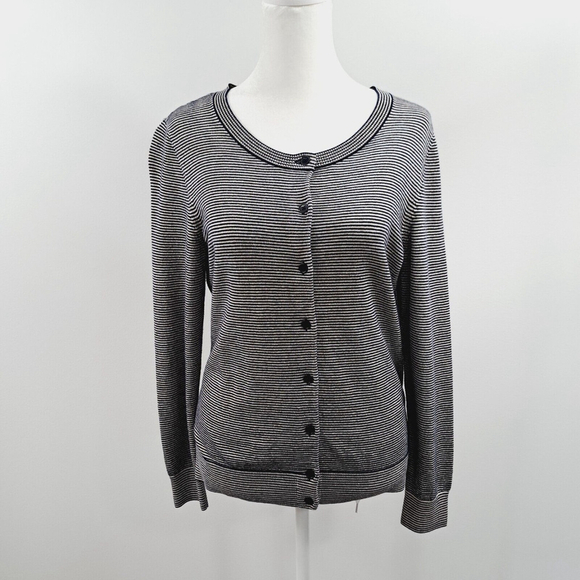 Talbots Womens Cardigan Sweater Sz Medium Petite Blue Silver Stripes Metallic - Picture 1 of 12